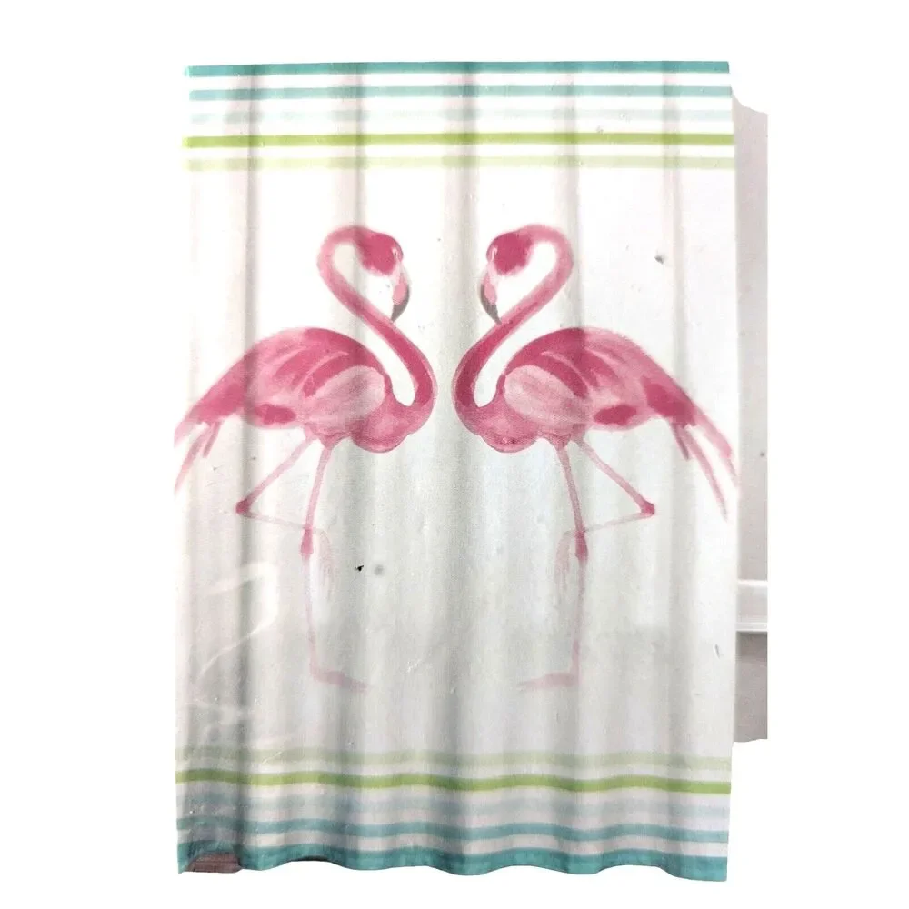 Caro Home Flamingo Shower Curtain 72-in Sq. Blue Green Stripes Cotton Bath NIP